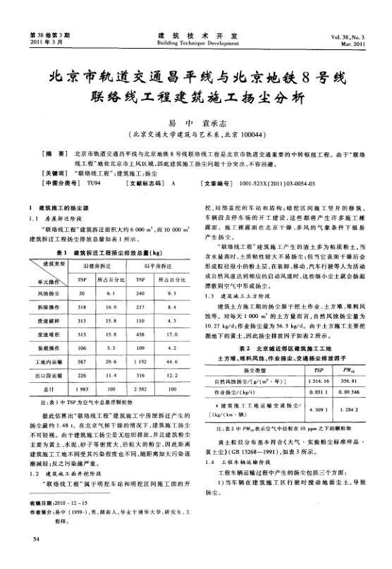 【期刊推荐】北京市轨道交通昌平线与北京地铁8号线联络线工程建筑施工扬尘分析