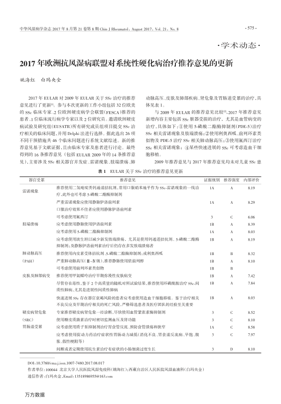 【期刊推荐】2017年欧洲抗风湿病联盟对系统性硬化病治疗推荐意见的更新