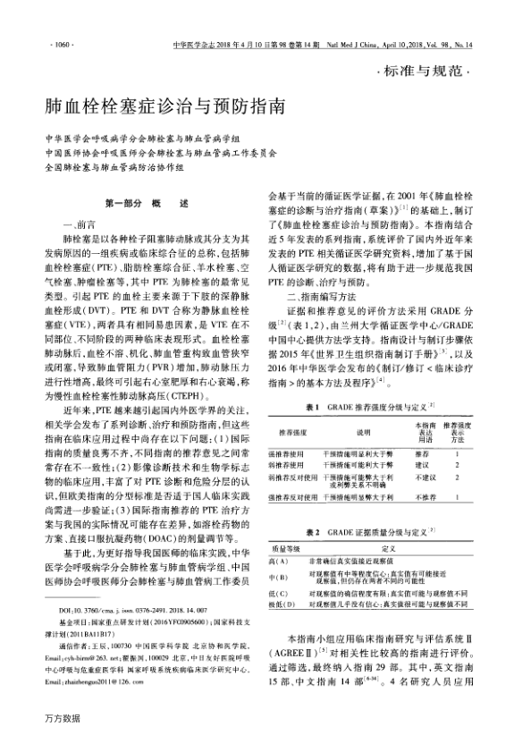 【期刊推荐】肺血栓栓塞症诊治与预防指南