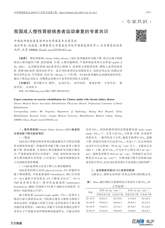 【期刊推荐】我国成人慢性肾脏病患者运动康复的专家共识