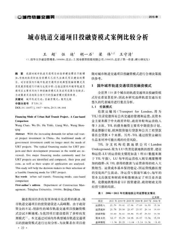 【期刊推荐】城市轨道交通项目投融资模式案例比较分析