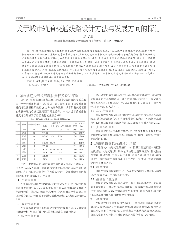 【期刊推荐】关于城市轨道交通线路设计方法与发展方向的探讨